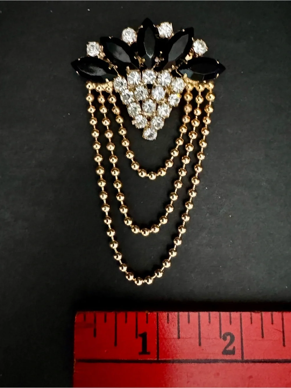 VTG Rhinestone Brooch Black Marquise Crystal Pave Tassel Dangle Pin Unsigned